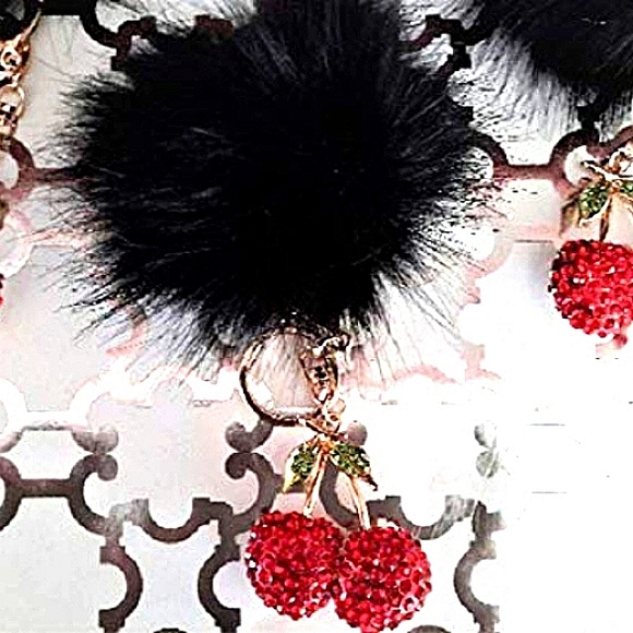 Crystal Cherries Bag Charm Key Chain Red w Black Faux Mink Black Pom - Picture 4 of 14